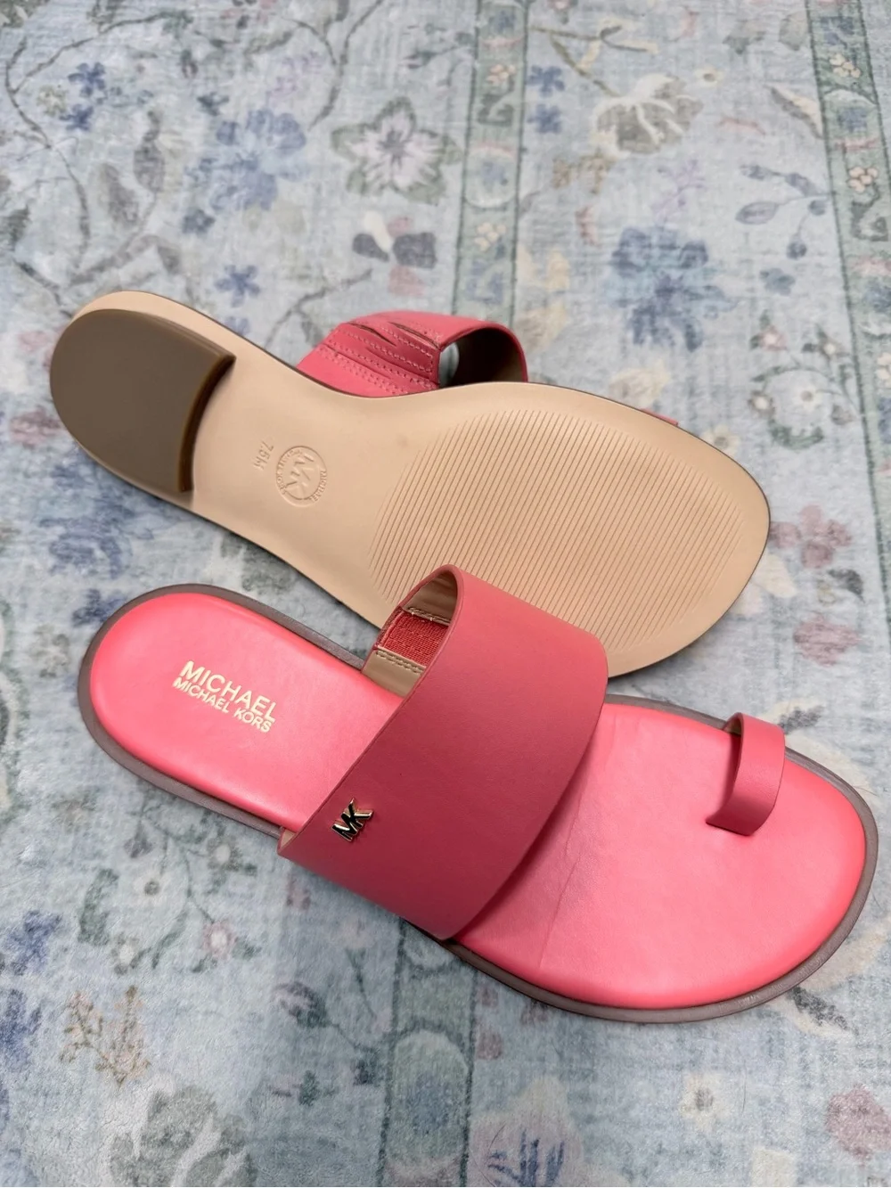 Michael Kors Coral Pink Leather Slide Sandals with Toe Loop